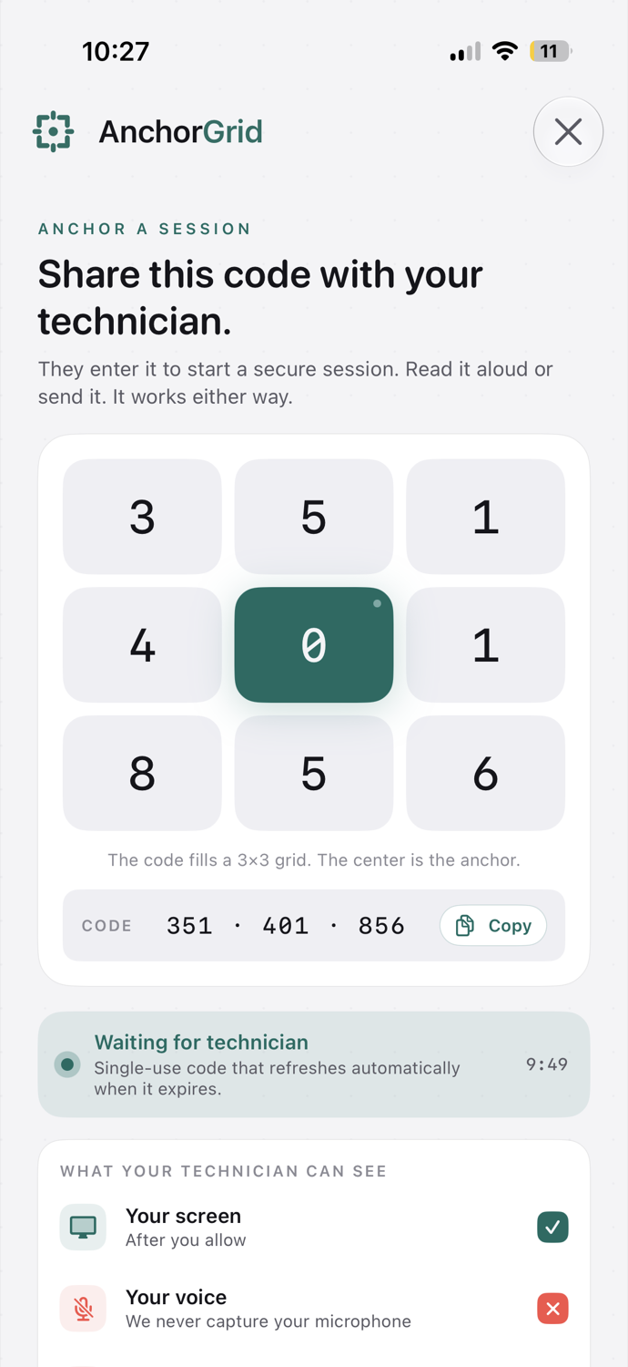 The AnchorGrid code screen: a 3 by 3 grid of digits and the 9-digit code to share with the technician.