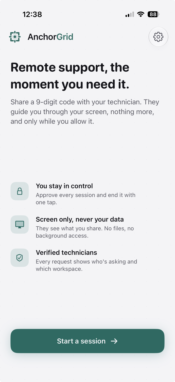 AnchorGrid home screen explaining that the user stays in control, shares screen only, and starts a session with one button.